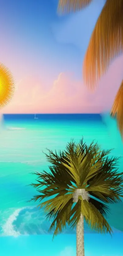 Tropical beach wallpaper with palm trees and ocean.