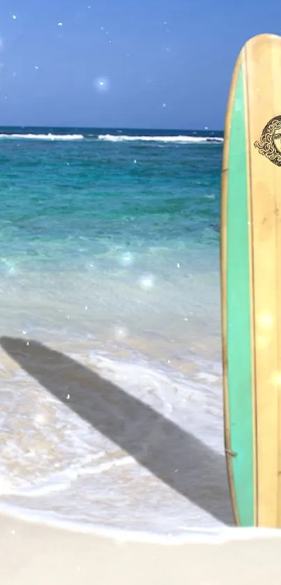 Surfboard on a tropical beach with clear blue water and sunny skies.