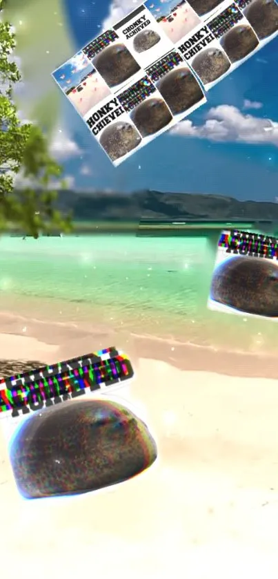 Surreal tropical beach scene with floating objects.