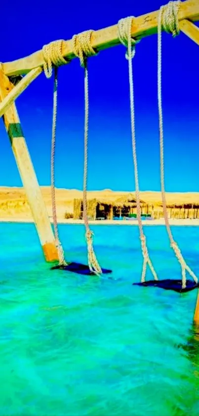 Tropical beach swing over turquoise waters and blue sky.