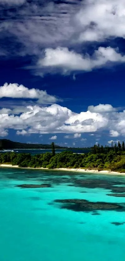 Tropical beach with turquoise waters and vibrant sky.