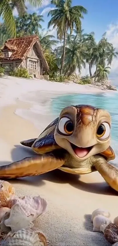 Animated turtle on a tropical beach with seashells and palm trees.