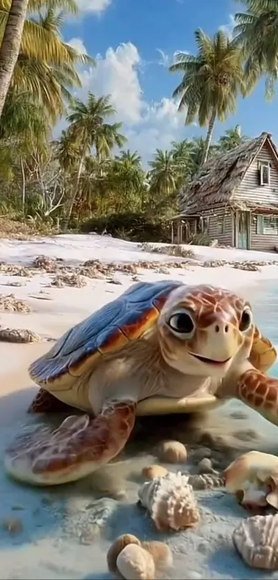 Charming turtle on tropical beach with palm trees and ocean.