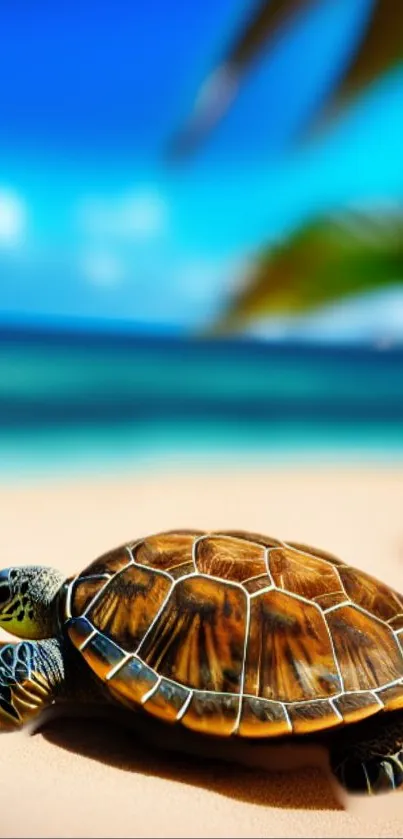 Tropical beach with a sea turtle in the foreground.