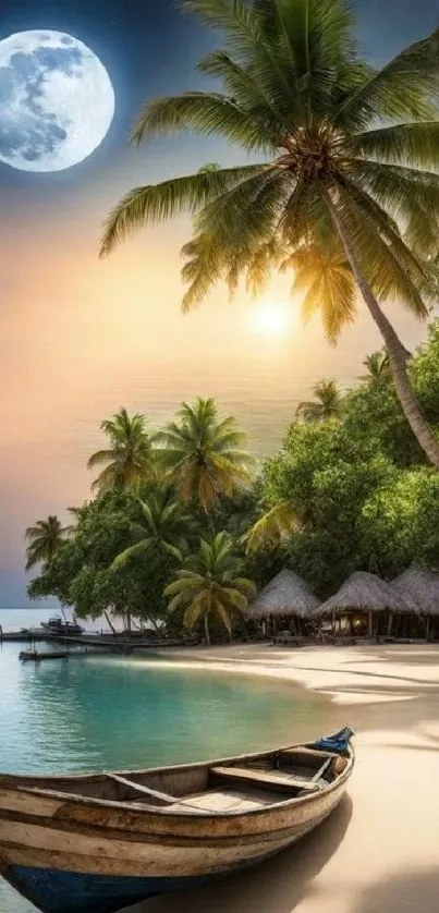 Tropical beach under moonlight with palm trees and calm waters.