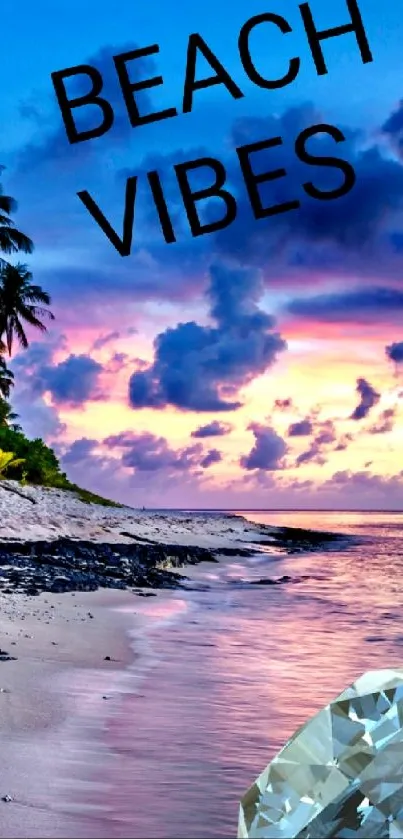 Tropical beach scene with sunset and palm trees, captioned 'Beach Vibes'.