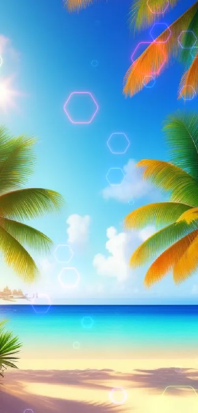 Tropical beach wallpaper with palm trees, blue ocean, and a sunny sky.