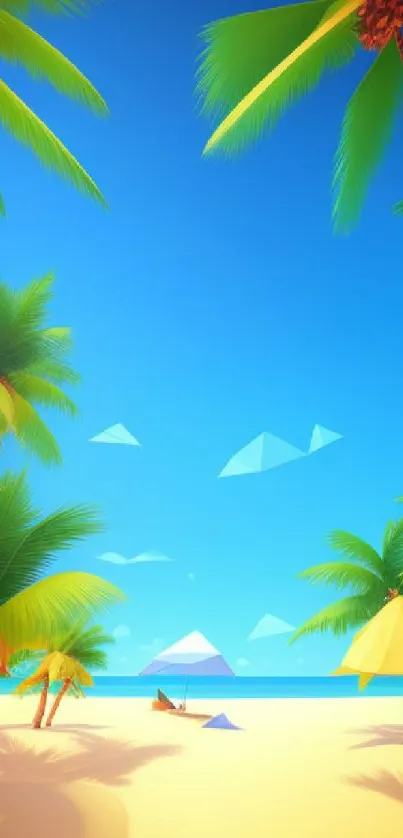 Tropical palm beach with blue sky wallpaper.