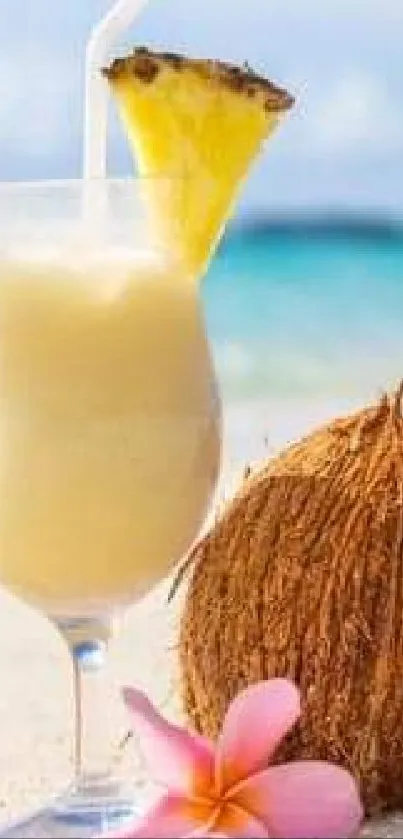 Tropical beach with cocktail and coconut on sandy shore.