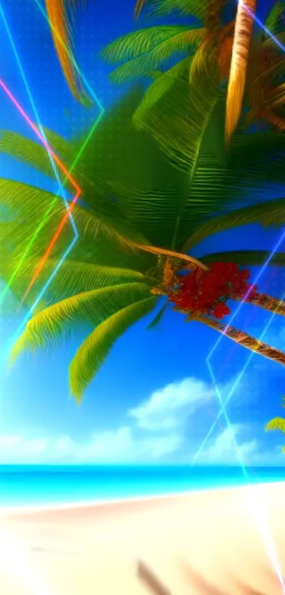 Tropical beach with palm trees and colorful light streaks.