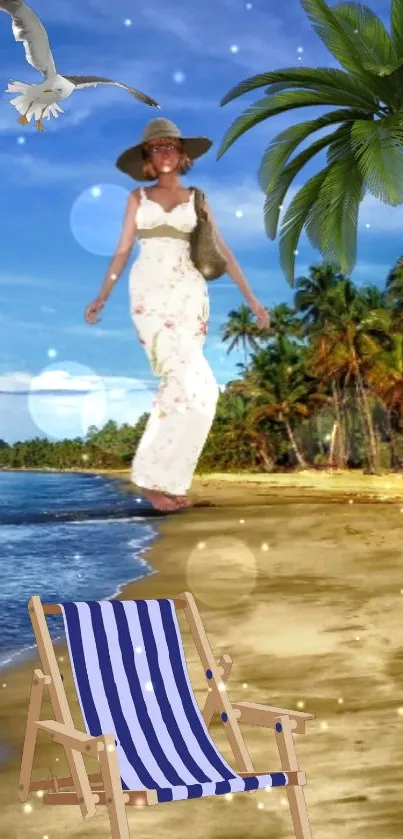 Woman on a tropical beach with a palm tree and deck chair.