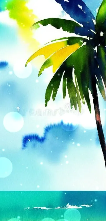 Watercolor tropical beach with palm tree and ocean view.