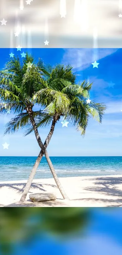 Tropical beach with palm trees under blue sky and stars on phone wallpaper.