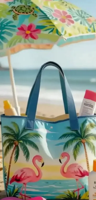 Tropical beach with flamingo bag and umbrella on sand.