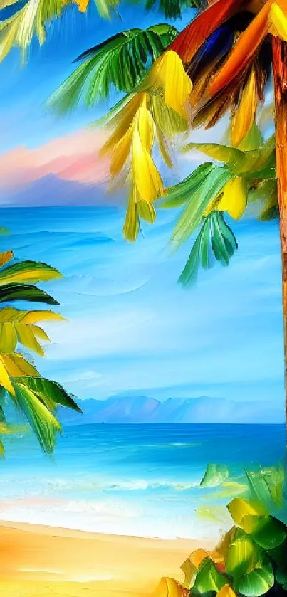 Vivid tropical beach with palm trees and blue ocean in an artistic design.