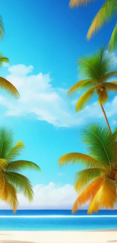 Tropical beach with palm trees against a bright blue sky and ocean view.