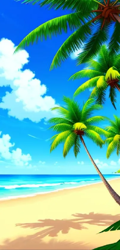 Tropical beach with palm trees and bright blue sky.