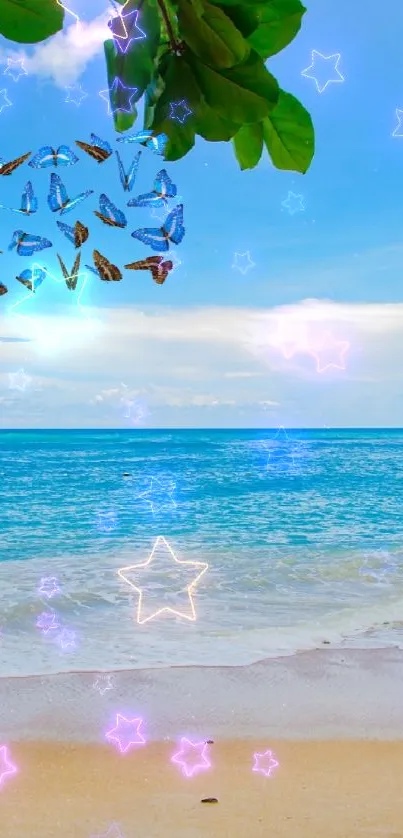 Tropical beach with butterflies under a blue sky.