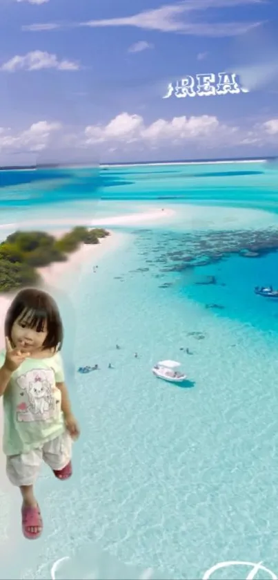 Tropical beach with turquoise water and a child in the foreground.