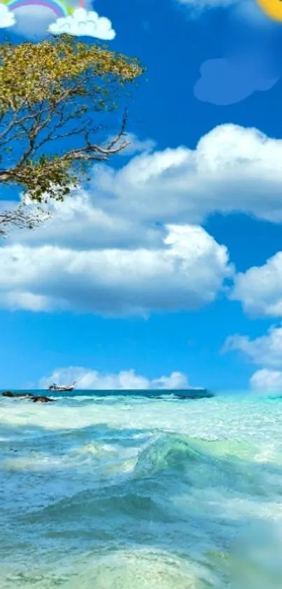 Tropical beach with blue sky and clouds, ideal for phone wallpaper.