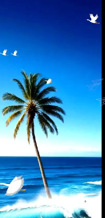 A tropical beach scene with a palm tree and flying birds over the ocean.