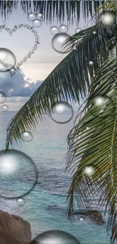 Tropical beach scene with palms and bubbles.