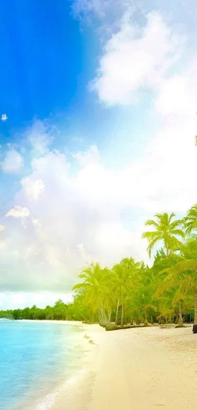 Tropical beach with palm trees under a vivid blue sky.