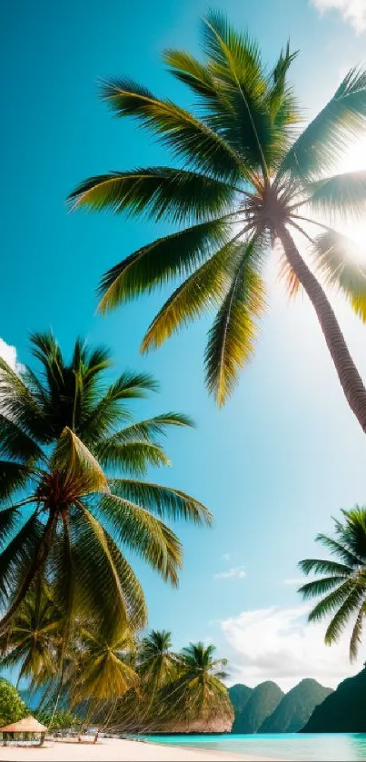 Tropical beach with palm trees under a vibrant blue sky and sunlight.