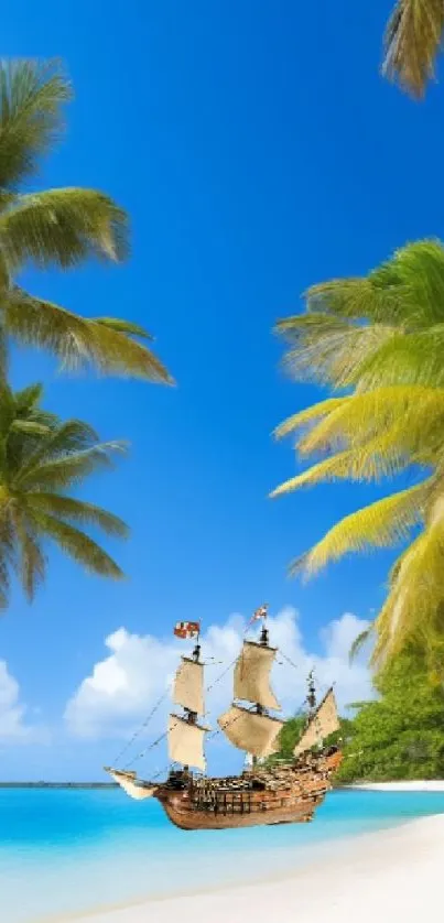 Tropical beach with palm trees and pirate ship under a bright blue sky.