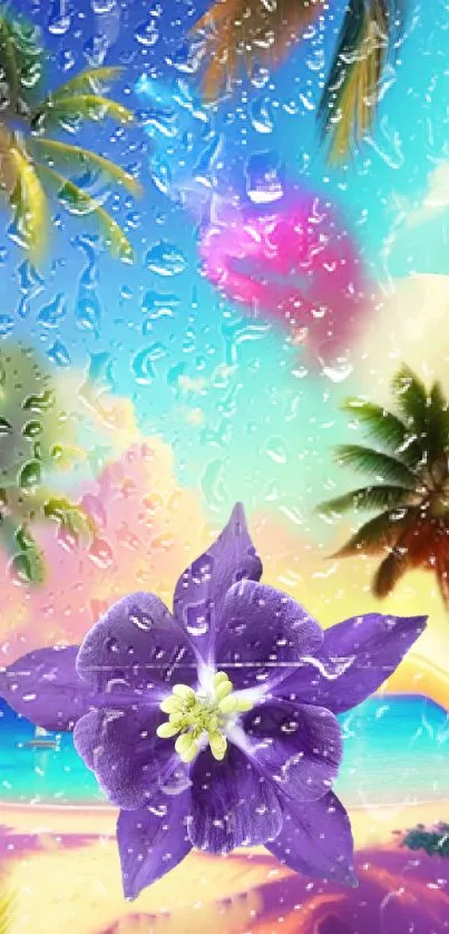 Vibrant tropical beach wallpaper with a purple flower and palm trees.