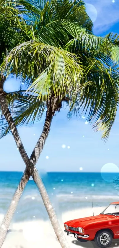 Tropical beach with palm trees and a red vintage car by the ocean.