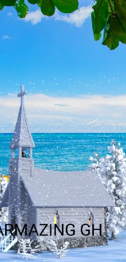 Beach with snowy church in winter contrast scene.