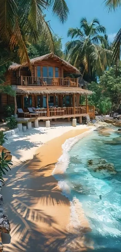 Tropical beach house with palm trees, sandy shore and turquoise ocean.