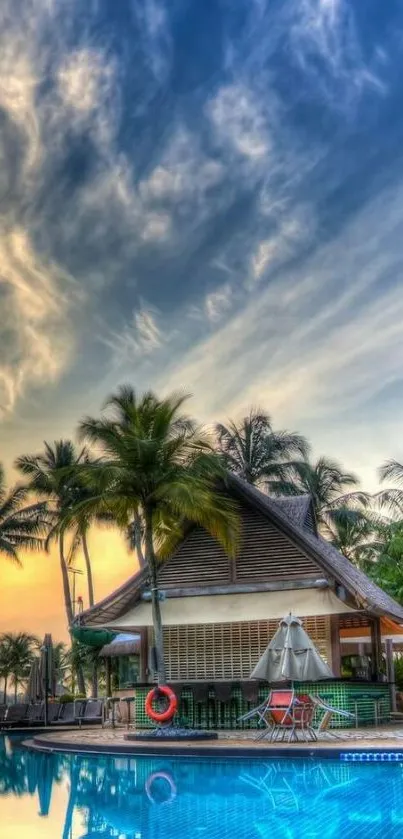 Tropical beachfront scene with palm trees and vibrant sky.