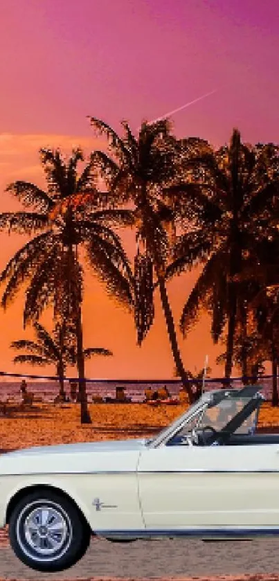 Tropical beach at sunset with palm trees and vintage convertible car.