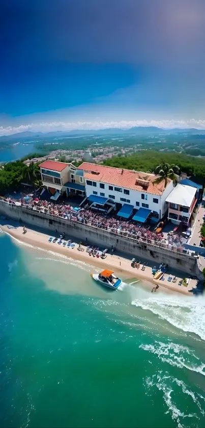 Aerial view of a tropical beach resort with turquoise waters and lush greenery.