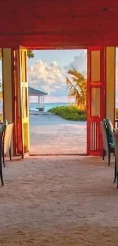 Tropical beachside lounge with ocean view and palm trees under sunny skies.