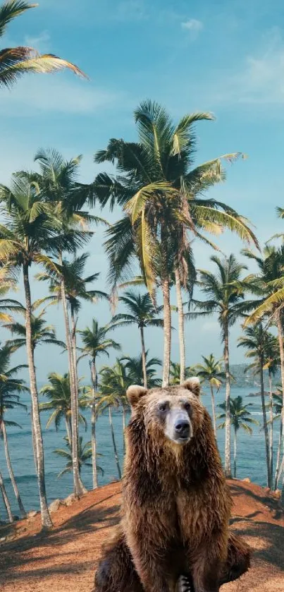 Bear on tropical island with palm trees and ocean backdrop.