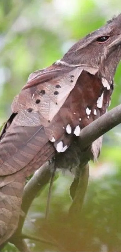 A camouflaged bird sits in tropical foliage on a stunning mobile wallpaper.