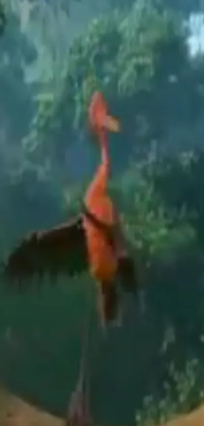 An animated bird soaring in a lush jungle background.