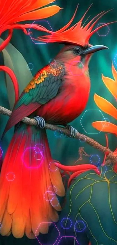 Vibrant tropical bird perched among red foliage with vivid colors and detailed features.