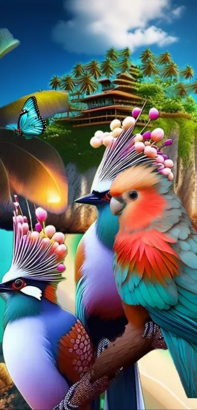 Vibrant tropical birds in paradise with serene island and ocean backdrop.