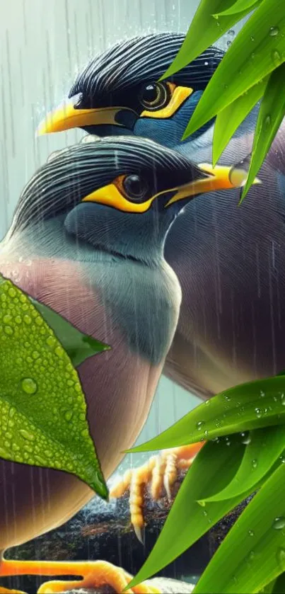 Two tropical birds in the rain surrounded by lush green leaves.