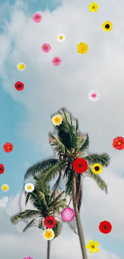 Palm trees with colorful flowers against a blue sky.