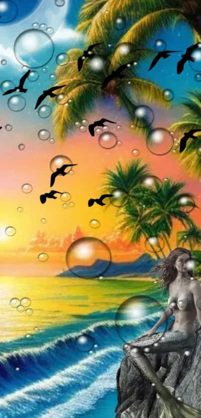 Tropical fantasy beach scene with mermaid and sunset.