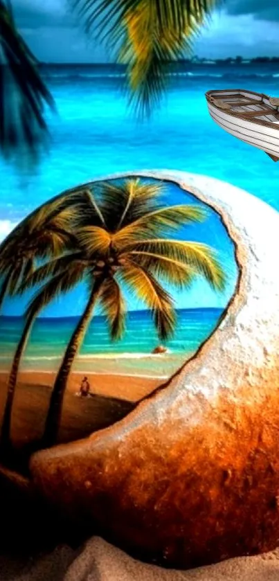 Tropical beach with coconut shell art and palm trees.