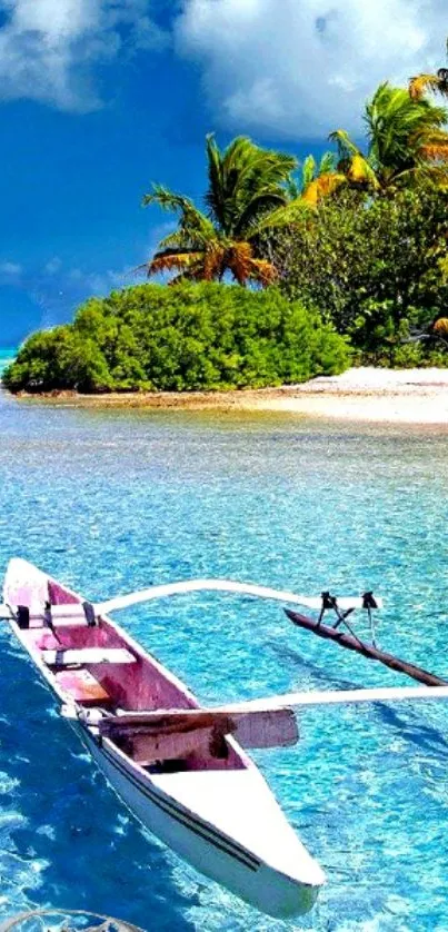 Boat on turquoise water with palm trees in background.