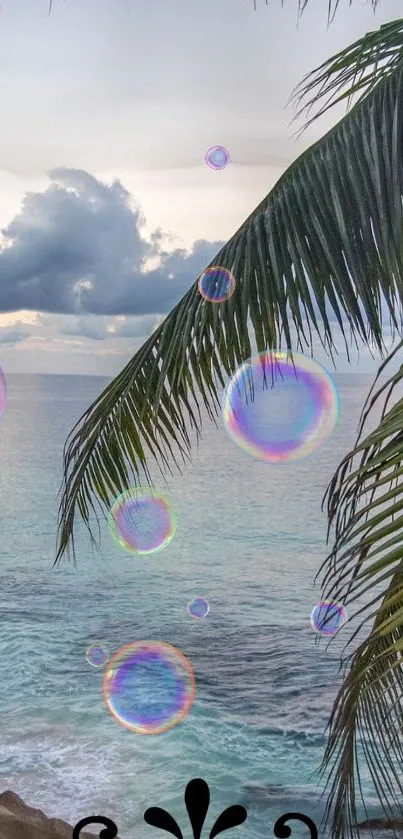 Tropical beach with bubbles and palm leaves overlooking the ocean.