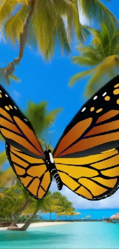 Vibrant monarch butterfly over tropical beach scene with palm trees.