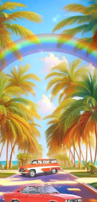 Tropical scene with classic cars, palm trees, and rainbow in vibrant colors.
